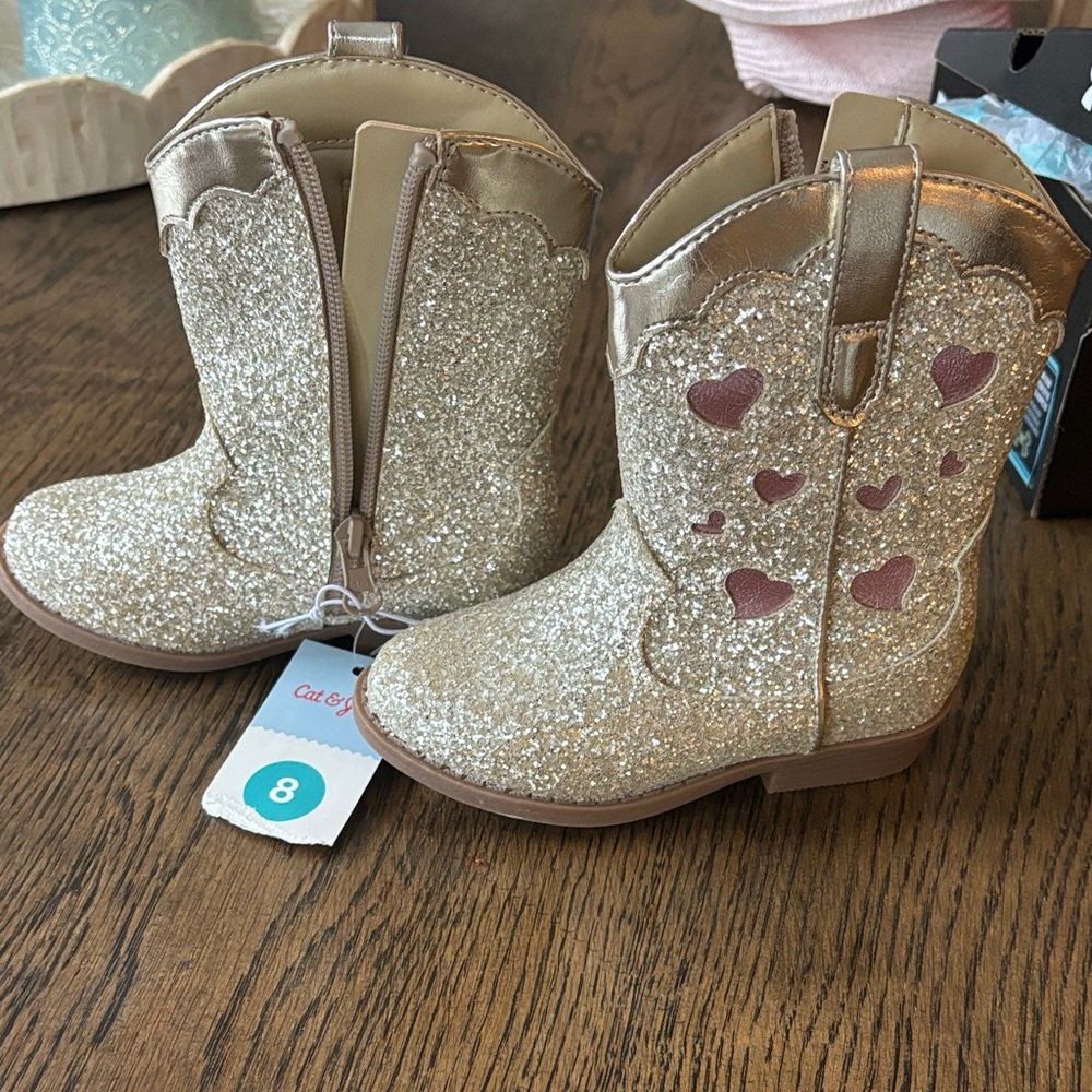 Cat & Jack Girls' Gold Glitter Heart Cowboy Boots